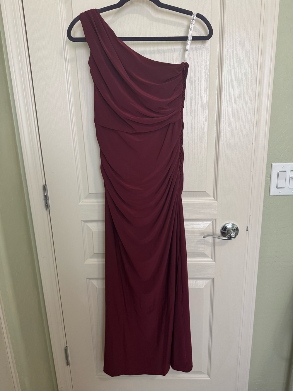 David’s Bridal One-Shoulder Ruched Evening Dress in Burgundy